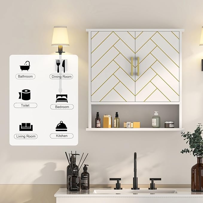 White Chevron Pattern Bathroom Wall Mount Cabinet, Stylish Hanging Medicine - Image 4