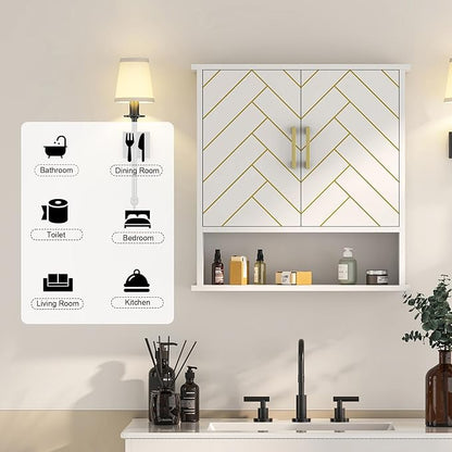 White Chevron Pattern Bathroom Wall Mount Cabinet, Stylish Hanging Medicine - Image 4