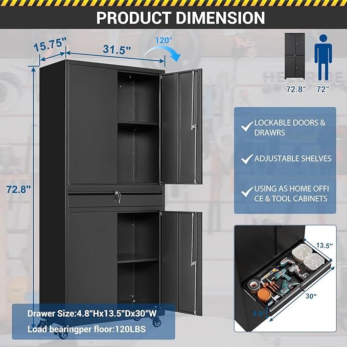 73" Metal Cabinet-Black Heavy Duty Rolling Storage Cabinet Steel Tool Cabinets - Image 2