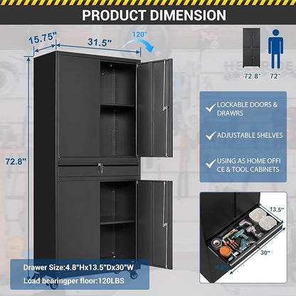 73" Metal Cabinet-Black Heavy Duty Rolling Storage Cabinet Steel Tool Cabinets - Image 2
