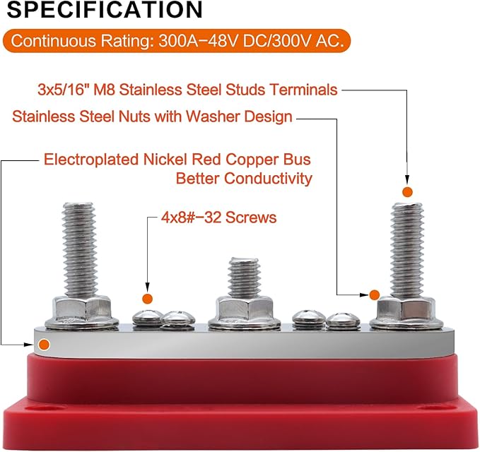 AMOMD 300A Bus Bars 3 Terminal Studs M8 4x8#-32 Screws Nickel Plated Copper - Image 2