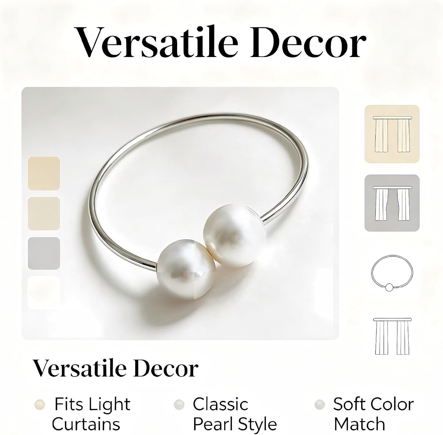 Curtain Tie with Sliver Clasps | Simple and Luxurious Design, Pearl Accents, Adjustable Buckles