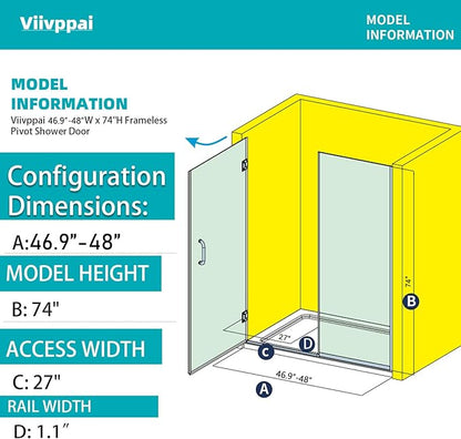 Pivot Swing Shower Door, Adjustable Width 48" W x 74" H Semi-Frameless Shower - Image 3