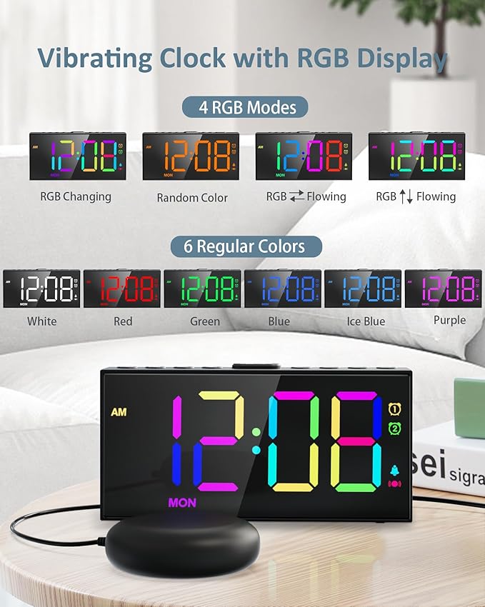 Loud Alarm Clock for Heavy Sleepers, RGB Vibrating Alarm Clock - Image 2