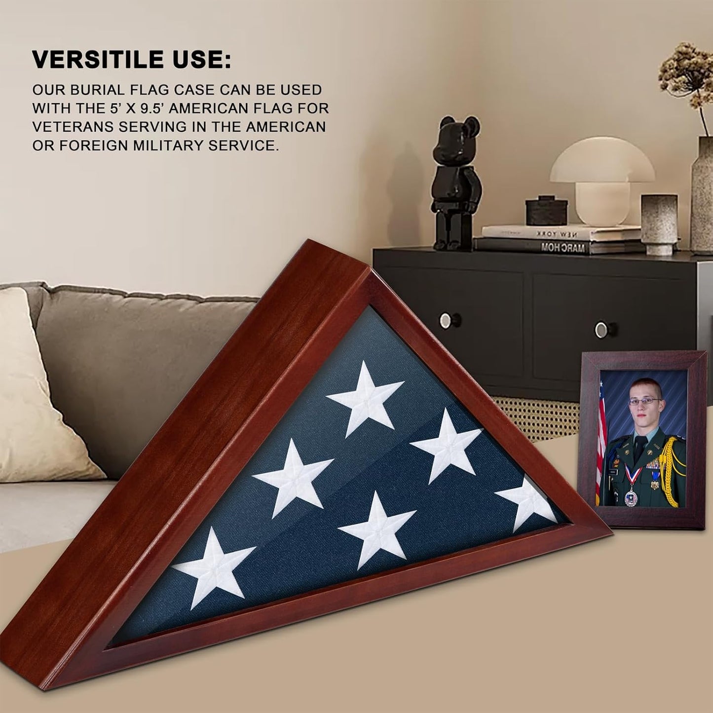 Flag Case for Burial Flag Glass Front, Red Wood for 5'x9.5' Funeral Flag | Memorial Flag Shadow Box for Military Veterans with Glass Covered and Wall Mounted