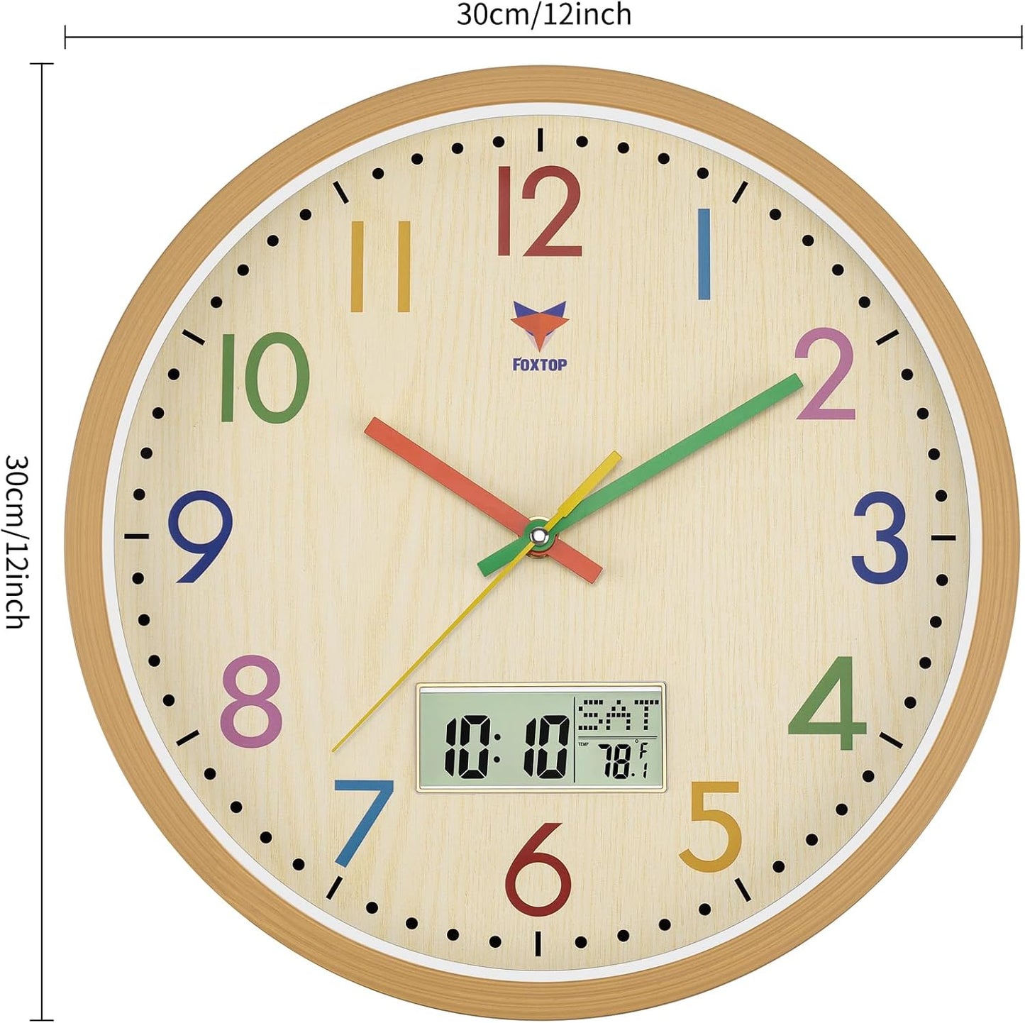 Foxtop Digital and Analog Kids Wall Clock 12 Inch Silent Non-Ticking Battery Operated Kids Clock for Kids Room Playroom Nursery Classroom School