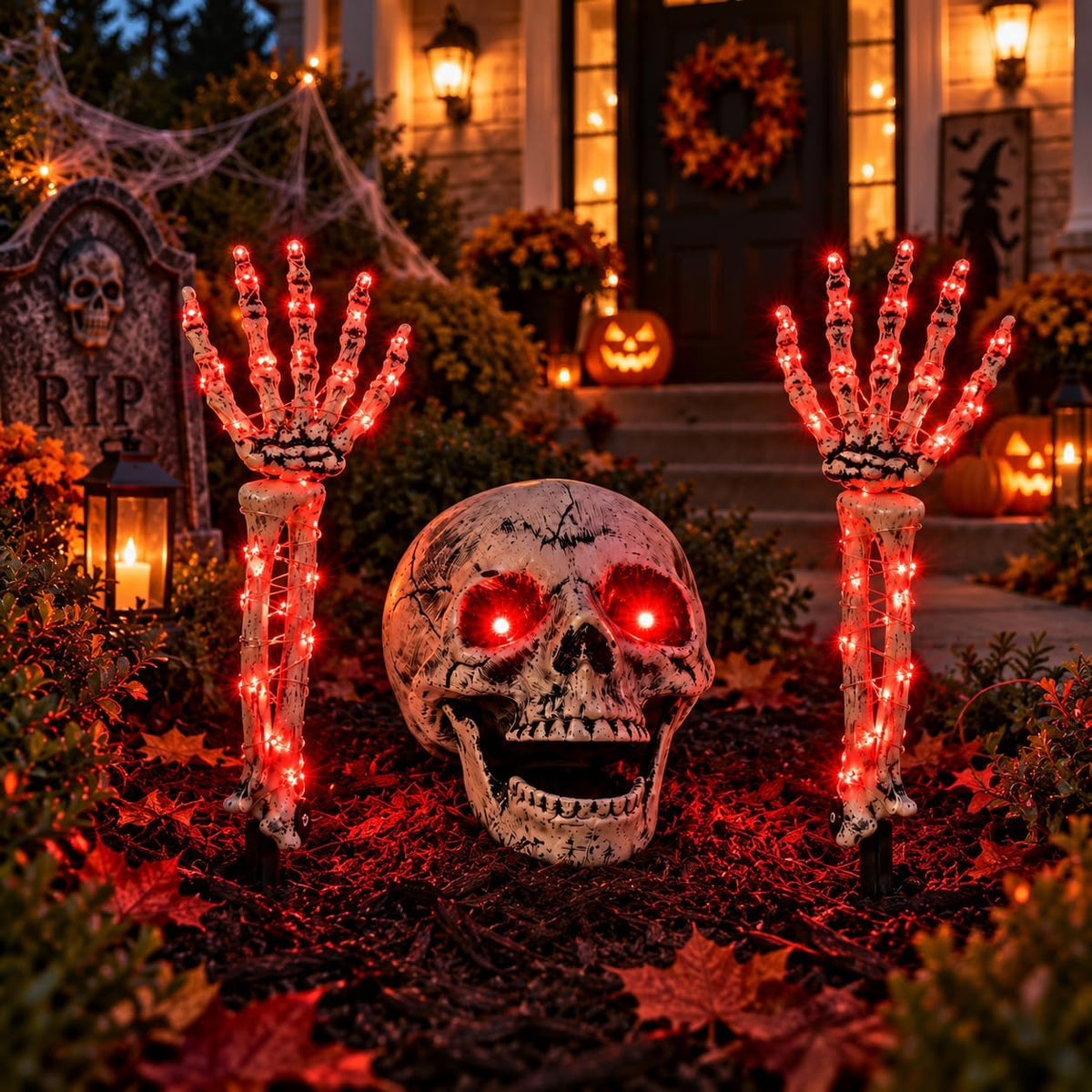 Halloween Skeleton Decorations Outdoor, Light Up Skull Head & Skeleton Ha...