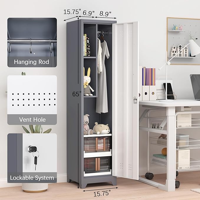GREATMEET Slim Locking Metal Garage Storage Cabinet, Tall Steel Narrow Broom - Image 3