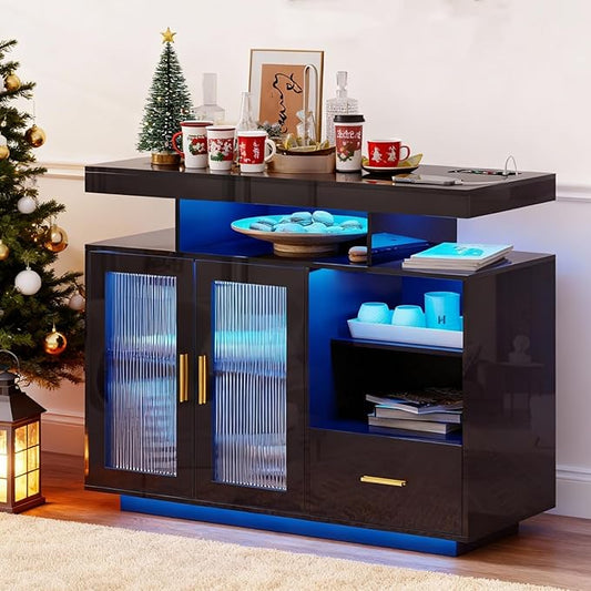 40" Wood LED Coffee Bar with Wireless Charging Station, Kitchen Storage Coffee by MDGC