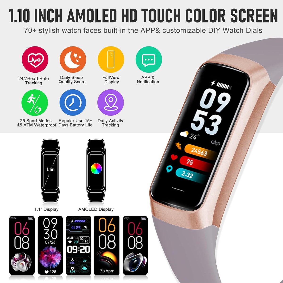 Fitness Tracker with 24/7 Heart Rate, Activity Trackers with Blood Pressure S...