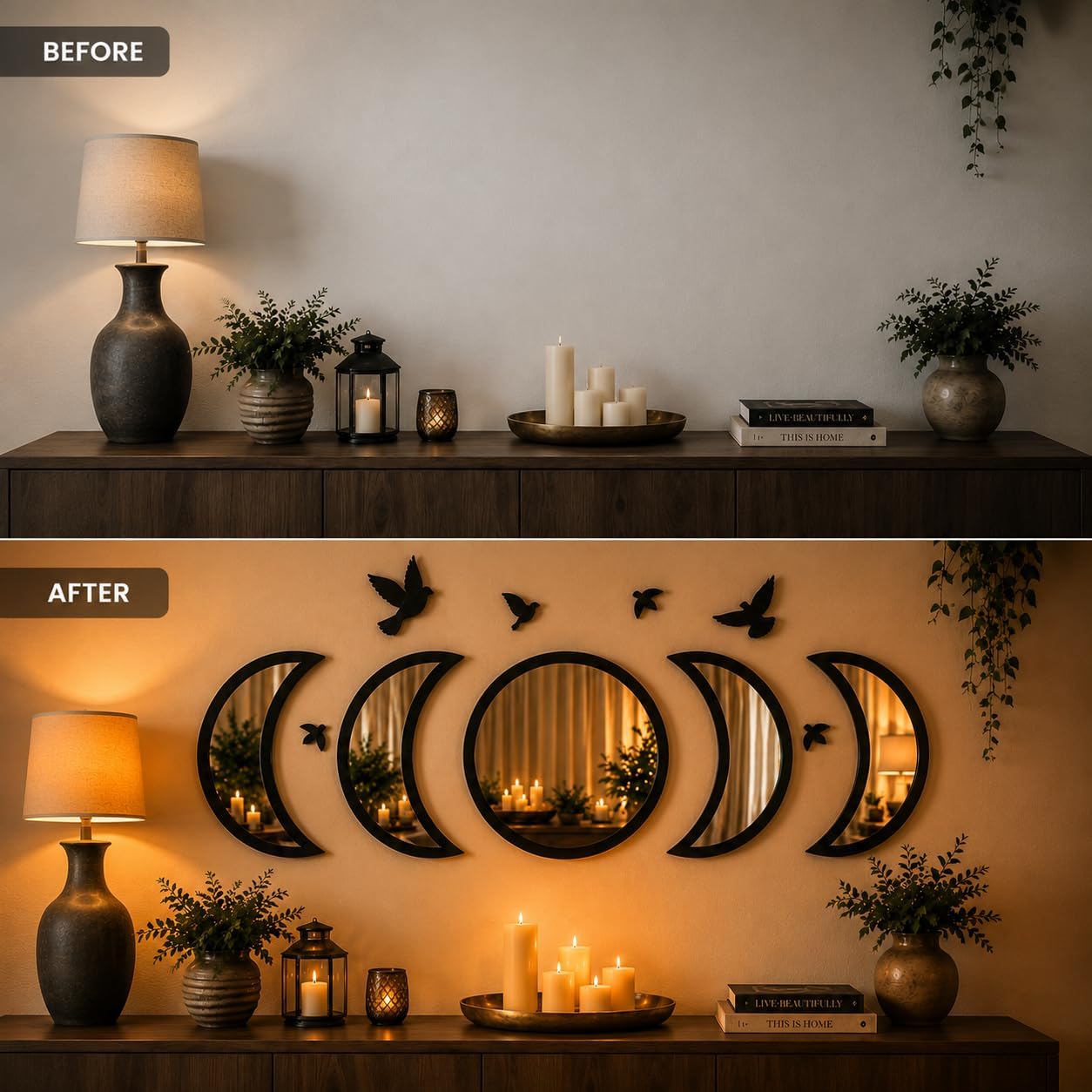 NESHE Moon Phase Mirror Wall Decor Set with Birds | Gothic Witchy Boho Wall Mirror Decor | Scandinavian Aesthetic Home Decor for Bedroom Living Room (Black)