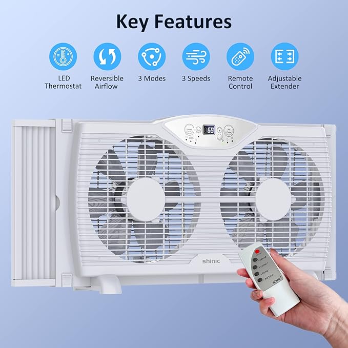 shinic Twin Window Fan with Reversible Airflow, Thermostat Controlled, 3 Speeds - Image 4