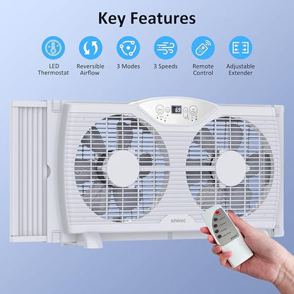 shinic Twin Window Fan with Reversible Airflow, Thermostat Controlled, 3 Speeds - Image 4