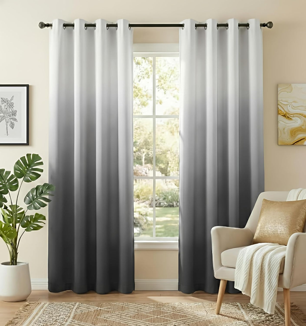NICETOWN White & Grey Room Darkening Curtains 84 inch Long, Grommet Gradient Curtains Easy-Matching Window Treatments for Boys Bedroom/Kids Room, W52, Set of 2