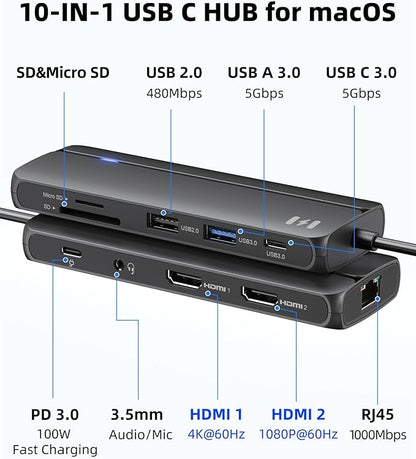Selore Docking Station for MacBook Pro Air, 10 in 1 Dual HDMI Adapter for Mac - Image 2