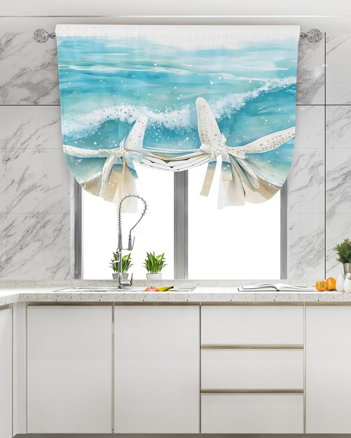 Tie Up Curtains for Windows, Ocean Beach Adjustable Balloon Nature Linen Textured Kitchen Curtain, Summer Coastal Starfish Sand Ombre Blue Room Darkening Curtains for Glass Door, 42 x 45 in