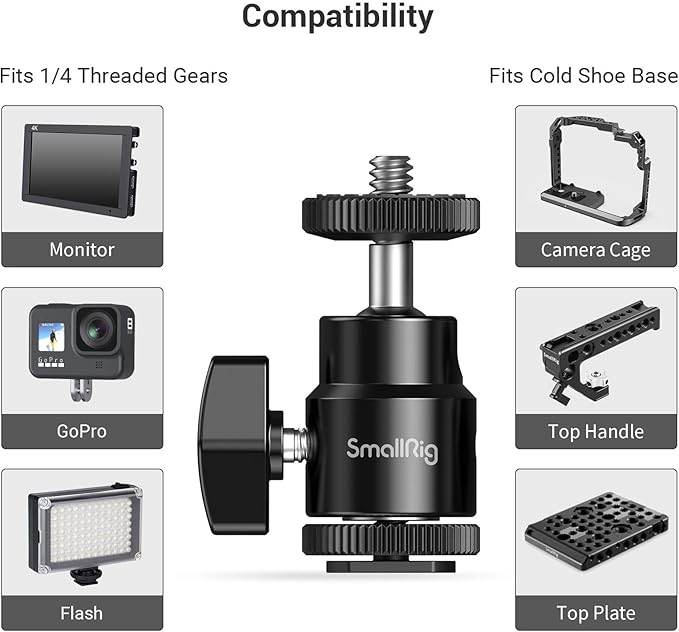 SmallRig 1/4" Camera Hot Shoe Mount, Ballhead Tripod - Image 6