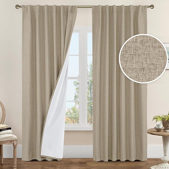 LAMIT Taupe 100% Blackout Linen Curtains, 84 Inch Linen Textured Living Room by LAMIT