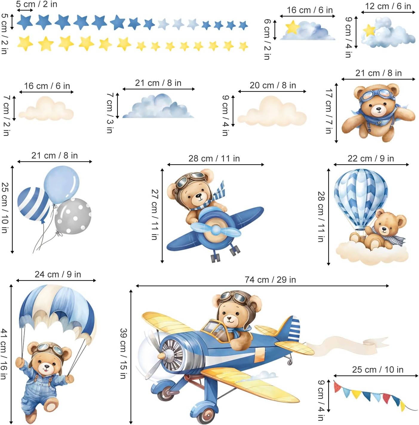 decalmile Airplane with Animals Bear Hot Air Balloon Wall Decals Stickers