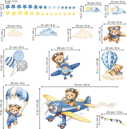 decalmile Airplane with Animals Bear Hot Air Balloon Wall Decals Stickers