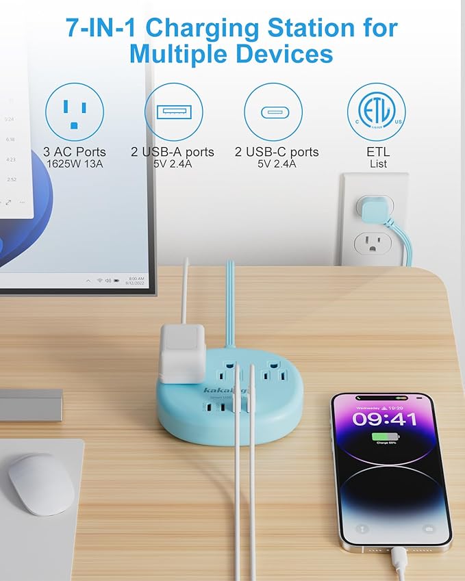 Blue Extension Cord with Surge Protected 1080J - 5 FT Flat Extension Cord - Image 3