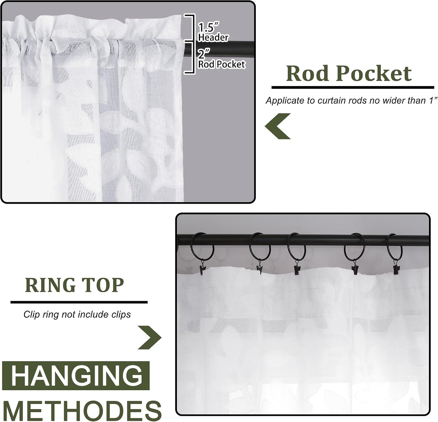 White Sheer Curtains 54 inches Long 2 Panels for Living Room, Jacquard Clip Leaf Pattern Textured Light Filtering Window Semi Sheer Voile Drapes for Bedroom, Each Panel 42 x 54 Inch
