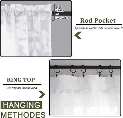 White Sheer Curtains 54 inches Long 2 Panels for Living Room, Jacquard Clip Leaf Pattern Textured Light Filtering Window Semi Sheer Voile Drapes for Bedroom, Each Panel 42 x 54 Inch