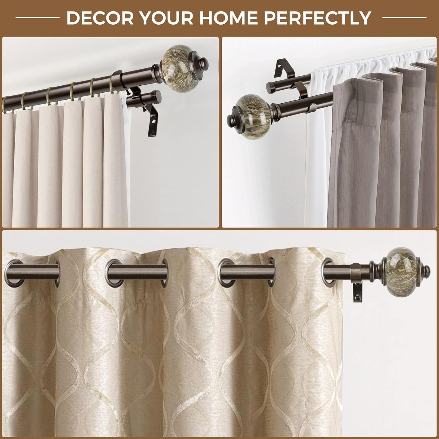 KAMANINA Double Curtain Rods for Windows 72 to 144 Inch, Adjustable, Bronze | Heavy Duty 1 Inch, Adjustable, Long Dual Drapery Rod for Living Room, Bedroom, Easy Install, Decorative Marbled Finials