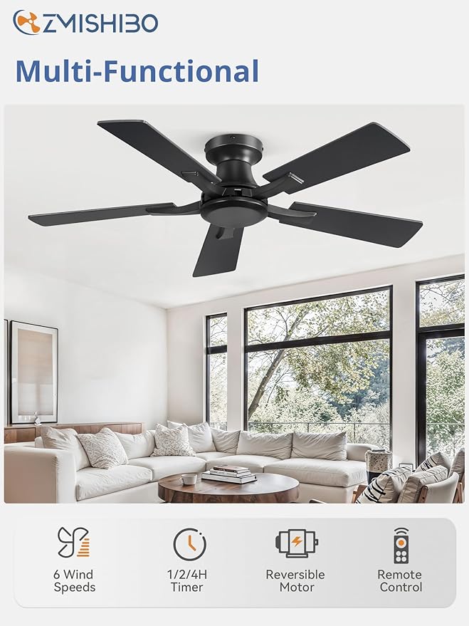 ZMISHIBO 42 Inch Ceiling Fan No Light, Flush Mount Low Profile, Modern Black - Image 2