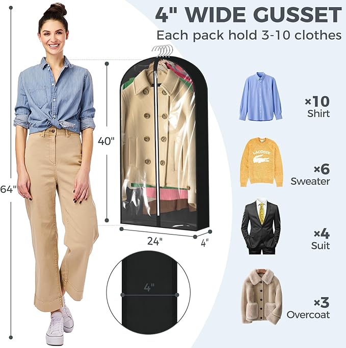 6 Pcs 60" Garment Bags for Hanging Clothes, Garment Bags Shoulder Covers - Image 3