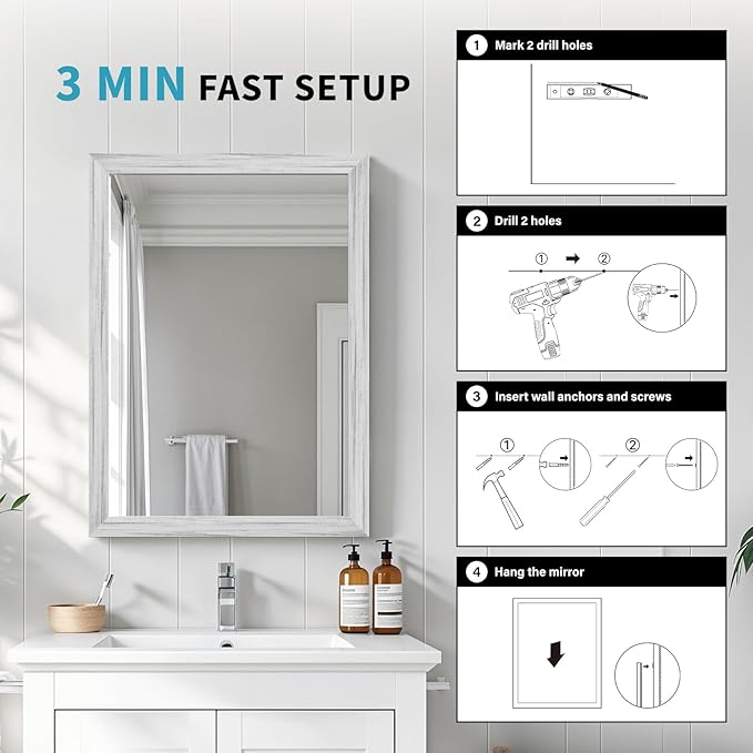 White Wood Effect Framed Wall Mirror, 24x36 Rectangle Mirror, Anti-desilvering - Image 7