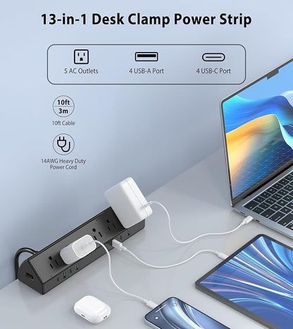 45W Fast Charging Station, Desk Clamp Power Strip, 4 PD USB-C Ports, 5 AC - Image 2