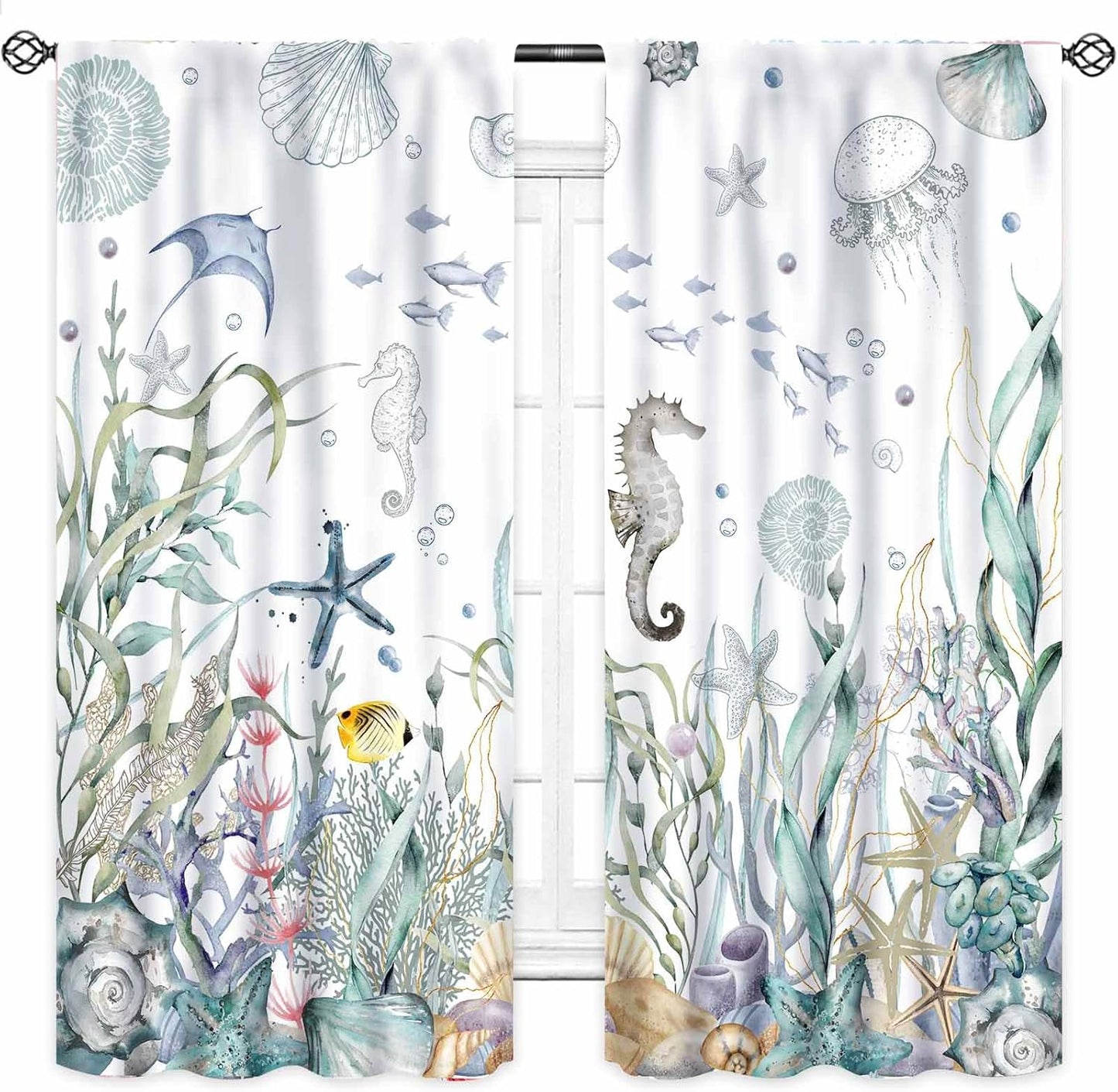 Nautical Beach Curtains,Coastal Seahorse Undersea Animal Blue Bedroom Kids Room Drapes Treatments,Ocean Coral Summer Living Room Bathroom Window Curtains 2 Piece Set,42X45 Inch, Green Purple