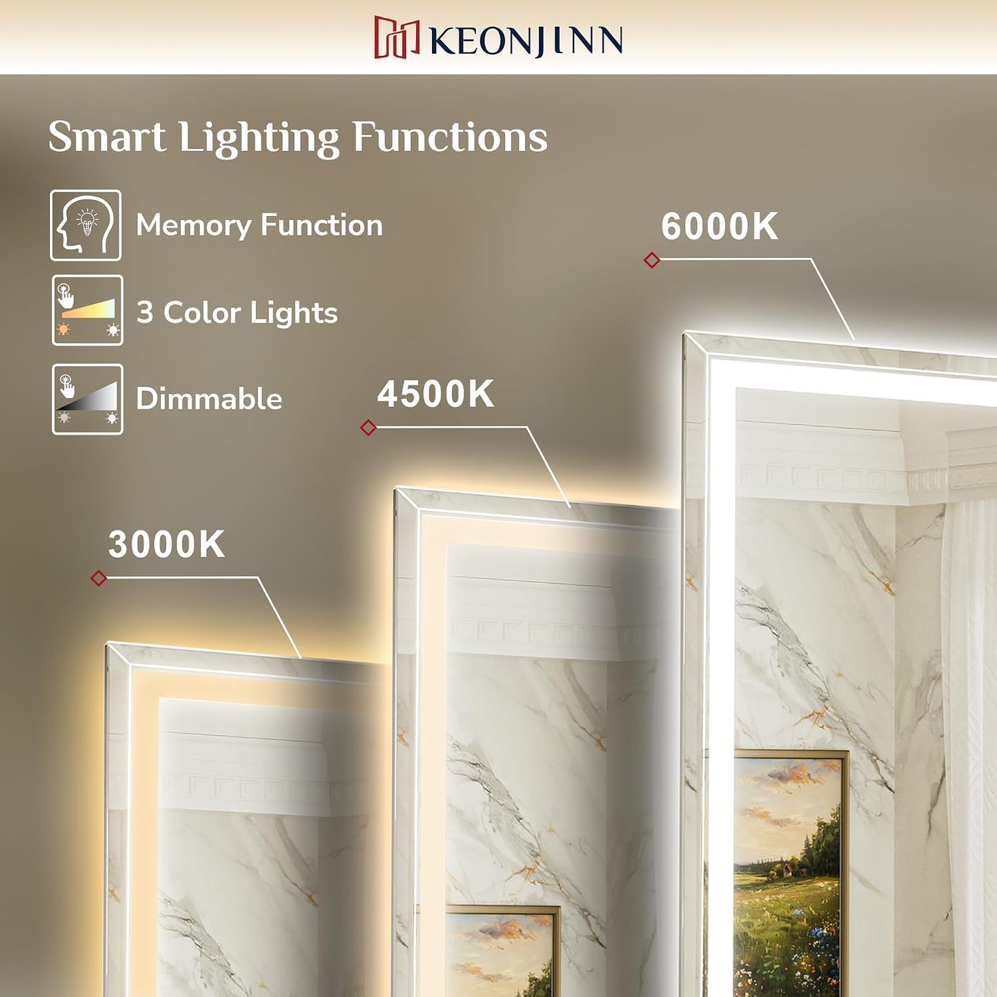 Keonjinn Beveled Bathroom Mirror with Lights 28" x 36", Frontlit & Backlit | HD Tempered Glass, Lighted Mirrors for Bathroom Wall, 3 Color Lights, Fast Defogging, Stepless Dimmable, Wall Switch/Plug in