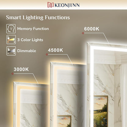 Keonjinn Beveled Bathroom Mirror with Lights 28" x 36", Frontlit & Backlit | HD Tempered Glass, Lighted Mirrors for Bathroom Wall, 3 Color Lights, Fast Defogging, Stepless Dimmable, Wall Switch/Plug in