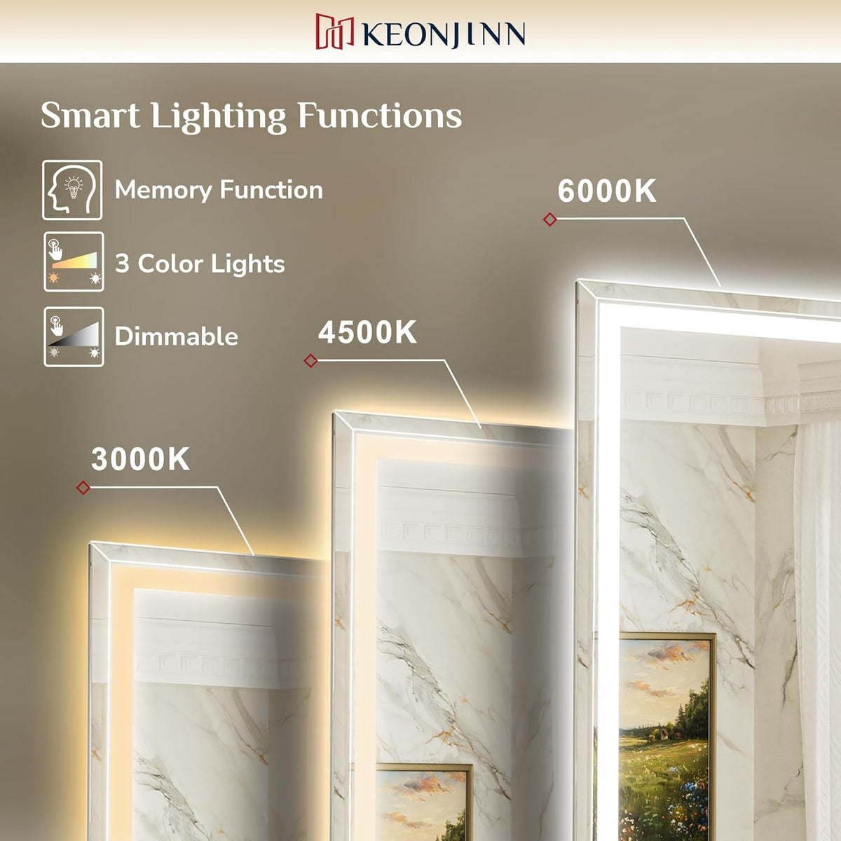 Keonjinn 30" x 36" Beveled LED Bathroom Mirror with Lights, Tempered Glass | Front and Backlight, Lighted Mirrors for Bathroom Wall, 3 Color Lights, Fast Defogging, Stepless Dimmable, Hardwired/Plug in