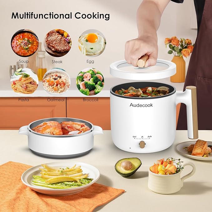 Audecook Hot Pot Electric with Steamer, 1.8L Portable Mini Travel Cooker - Image 2