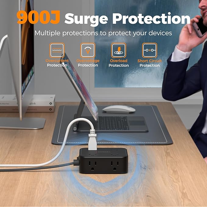 TESSAN Surge Protector Power Strip Black, 5 Ft Flat Plug Extension Cord - Image 6