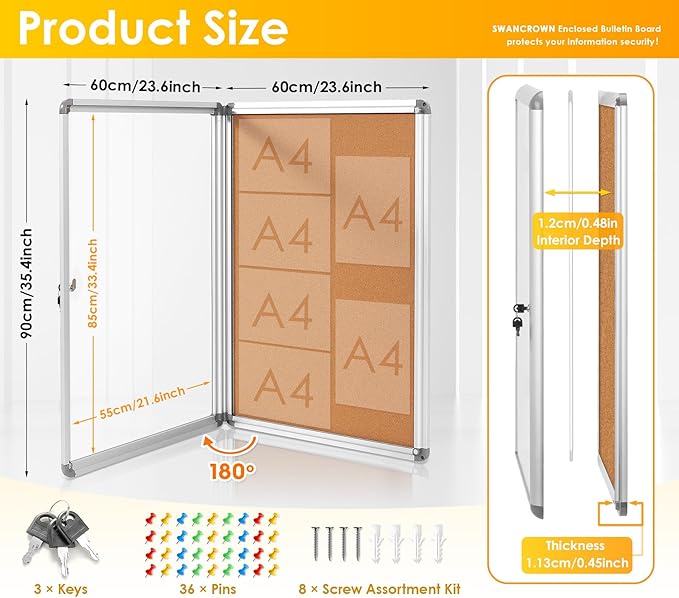 SWANCROWN Enclosed Bulletin Cork Board 36x24 in, Lockable Bulletin Board - Image 2