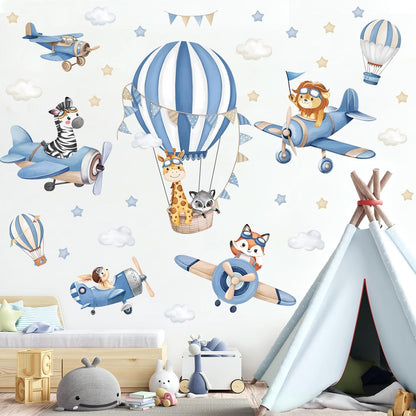 decalmile Blue Hot Air Balloon Animals Airplane Wall Decals Stickers
