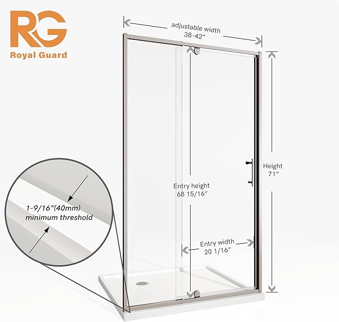 38-42" W x 71" H Pivot Swing Glass Shower Door, Pivot Frame Shower Door - Image 9