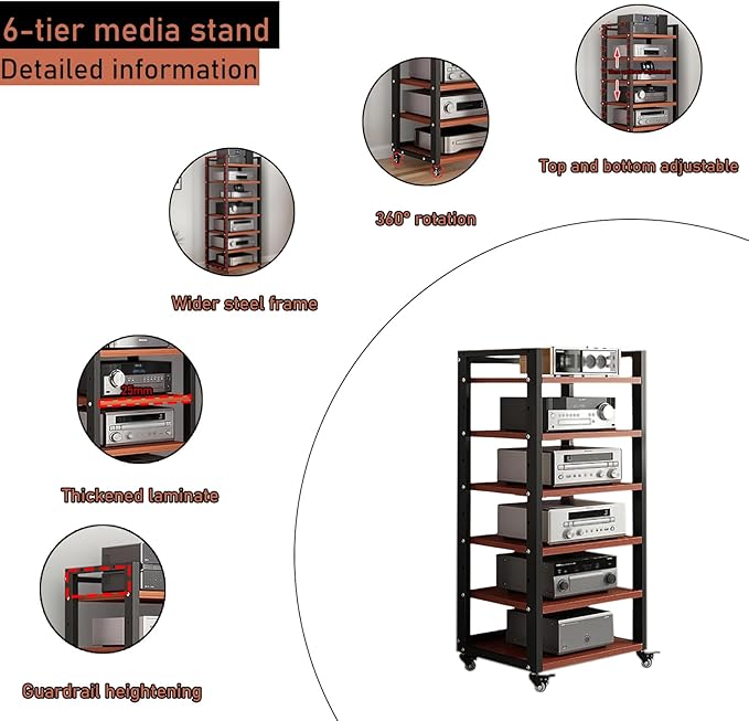 Dernoing 6 Tier Audio Rack Tower, CD Record Player Stereo Receiver AV Equipment - Image 3