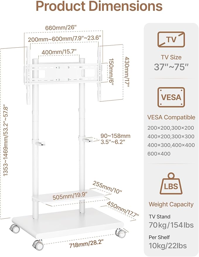 ECOTINY Steel Base Rolling TV Stand - Image 9