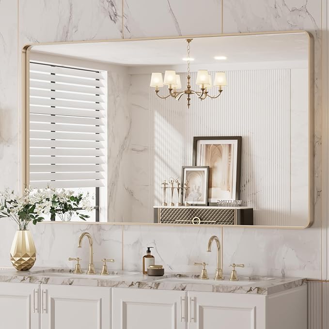 LOAAO 50”X30” Gold Bathroom Mirror, Rounded Rectangle Gold Frame Mirror - Image 8
