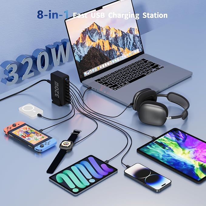Upgrade USB C Desktop Charger, 320W 8-Port GaN III Fast Charging Station Hub - Image 4