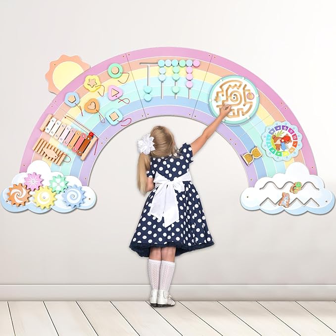 5FT Large Pastel Rainbow Wooden Activity Wall Panel by Justforjoyful