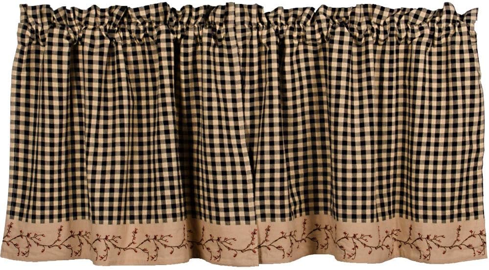 Berry Vine Check Black and Nutmeg 72" x 24" Lined Cotton Curtain Tiers