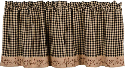 Berry Vine Check Black and Nutmeg 72" x 24" Lined Cotton Curtain Tiers
