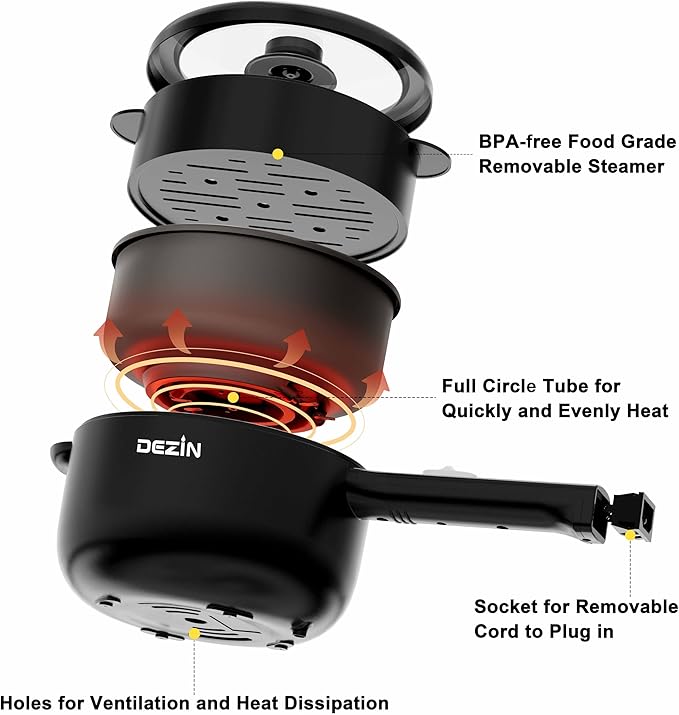 Dezin Electric Cooker, 2L Non-Stick Sauté Pan, Rapid Noodles Cooker, Mini Pot - Image 4