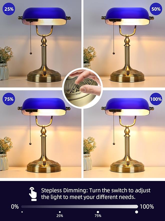 Newrays Blue Glass Bankers Desk Lamp, Stepless Dimmable Table Lamp Plug in - Image 6